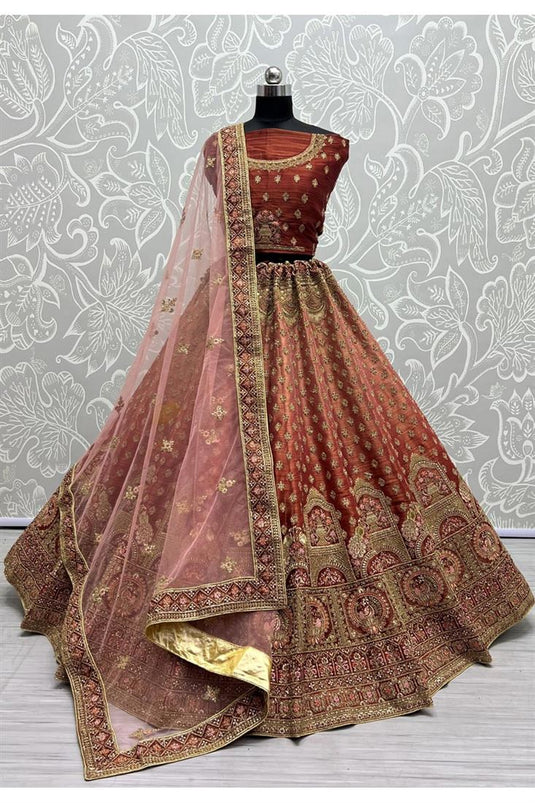 Classic Net Bridal Brown Color Lehenga with Sequins Embellishments For Wedding