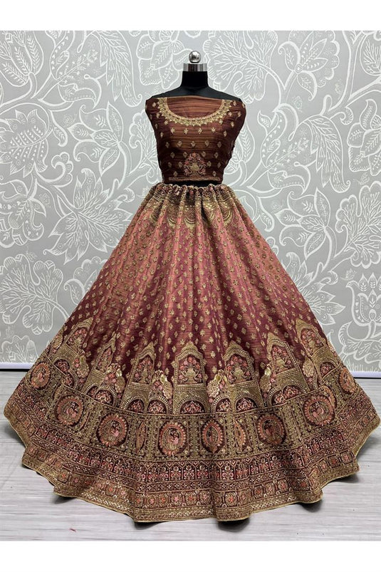 Chikoo Color Enchanting Net Bridal Lehenga with Sequins Work For Wedding Glamour
