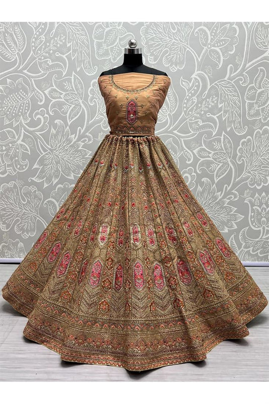 Net Fabric Delicate Embroidered Wedding Bridal Lehenga in Peach Color