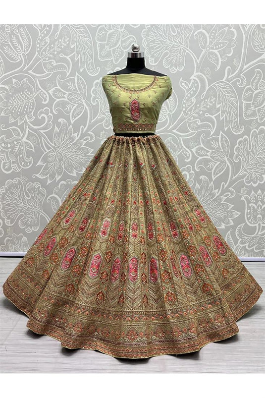 Wedding Bridal Net Fabric with Elaborate Embroidered Lehenga in Sea Green Color