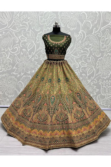Elegant Net Fabric Wedding Bridal Lehenga in Green Color With Embroidered Work