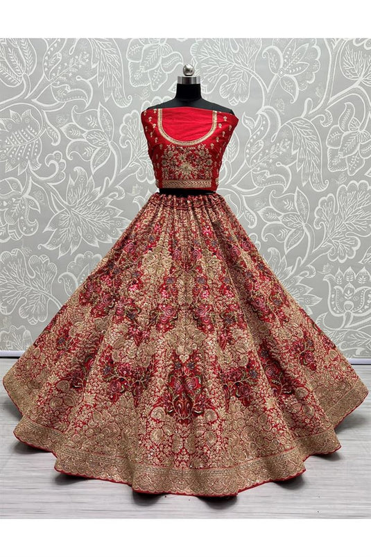 Wedding Wear Silk Fabric Embroidered Bridal Lehenga in Vibrant Red Color