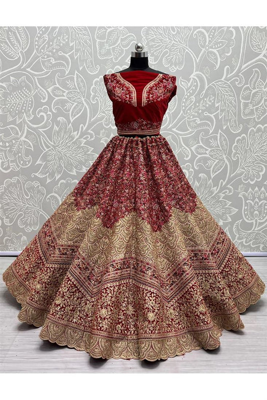Elaborate Embroidered Work Velvet Fabric Bridal Lehenga in Red Color