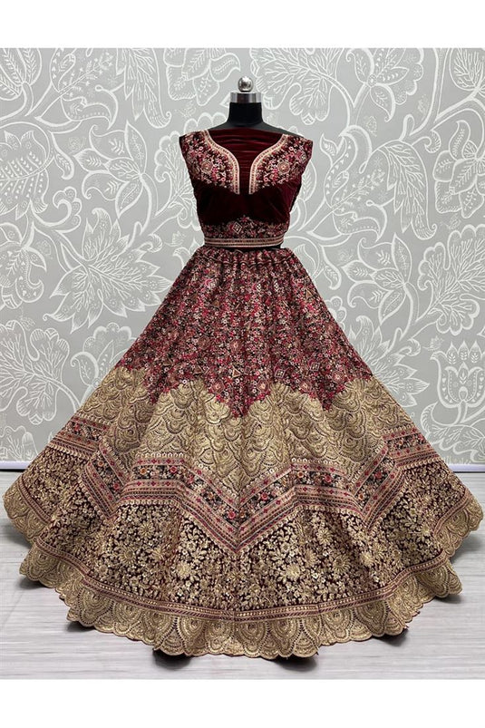 Traditional Wedding Bridal Embroidered Velvet Fabric Lehenga in Maroon Color