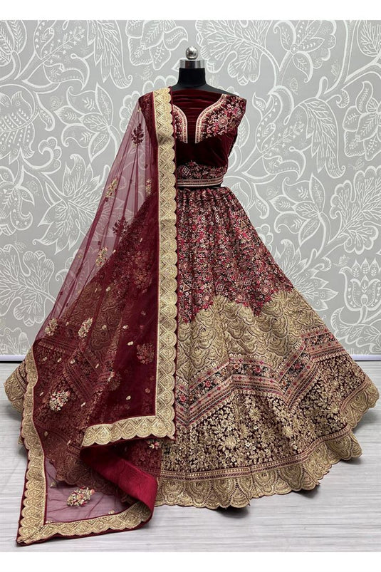 Traditional Wedding Bridal Embroidered Velvet Fabric Lehenga in Maroon Color