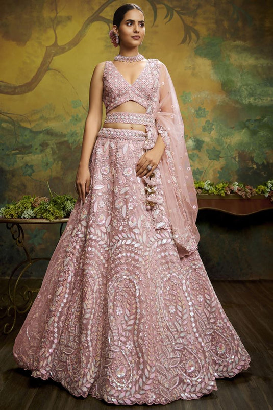 Engaging Pink Color Net Fabric Embroidered Work Wedding Wear Lehenga Choli