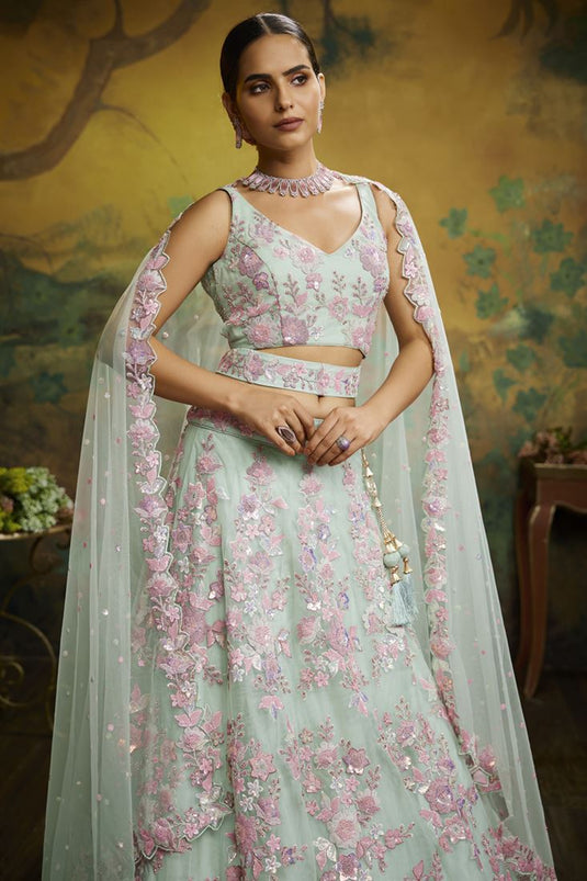 Sea Green Color Embroidered Work On Net Fabric Beatific Wedding Wear Lehenga Choli