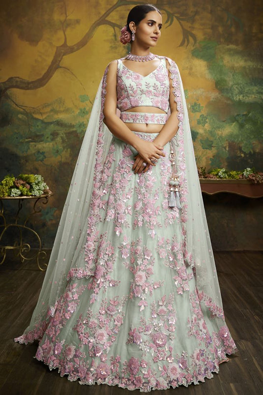 Sea Green Color Embroidered Work On Net Fabric Beatific Wedding Wear Lehenga Choli