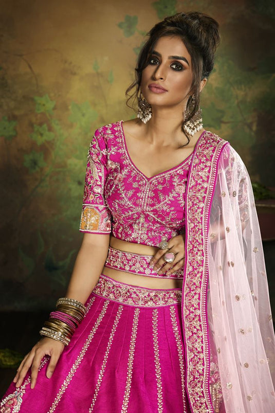 Embellished Heavy Look Embroidered Work On Magenta Color Silk Fabric Bridal Lehenga Choli