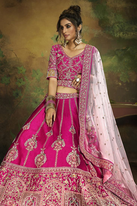 Embellished Heavy Look Embroidered Work On Magenta Color Silk Fabric Bridal Lehenga Choli