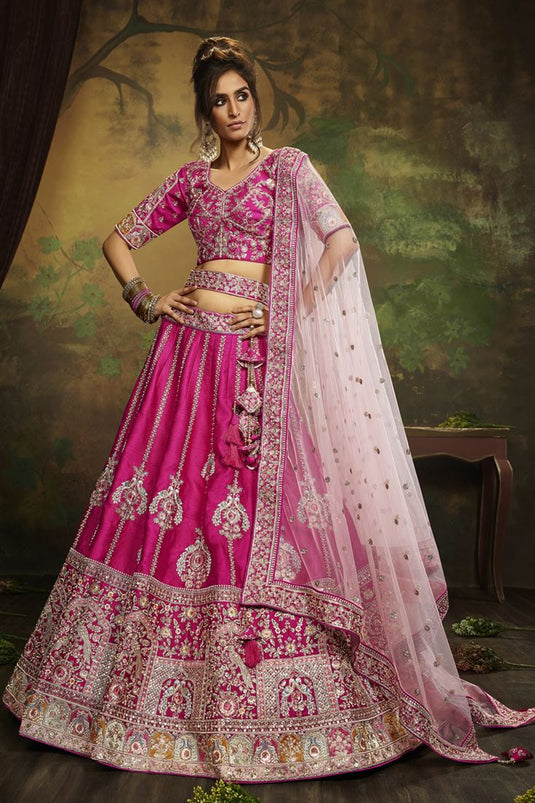 Embellished Heavy Look Embroidered Work On Magenta Color Silk Fabric Bridal Lehenga Choli