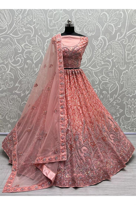 Embellished Heavy Look Embroidered Work On Pink Color Net Fabric Bridal Lehenga Choli