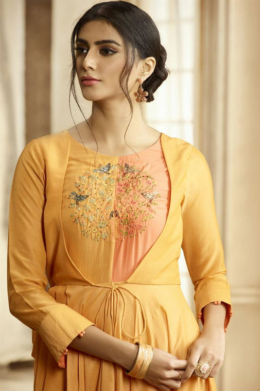 Designer Party Style Mustard Color Fancy Fabric Embroidered Readymade Gown