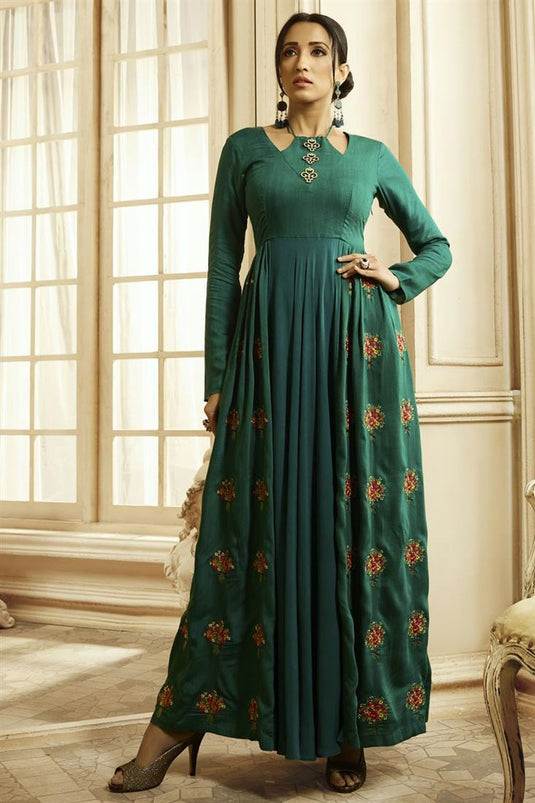 Designer Fancy Fabric Party Style Embroidered Teal Color Readymade Gown