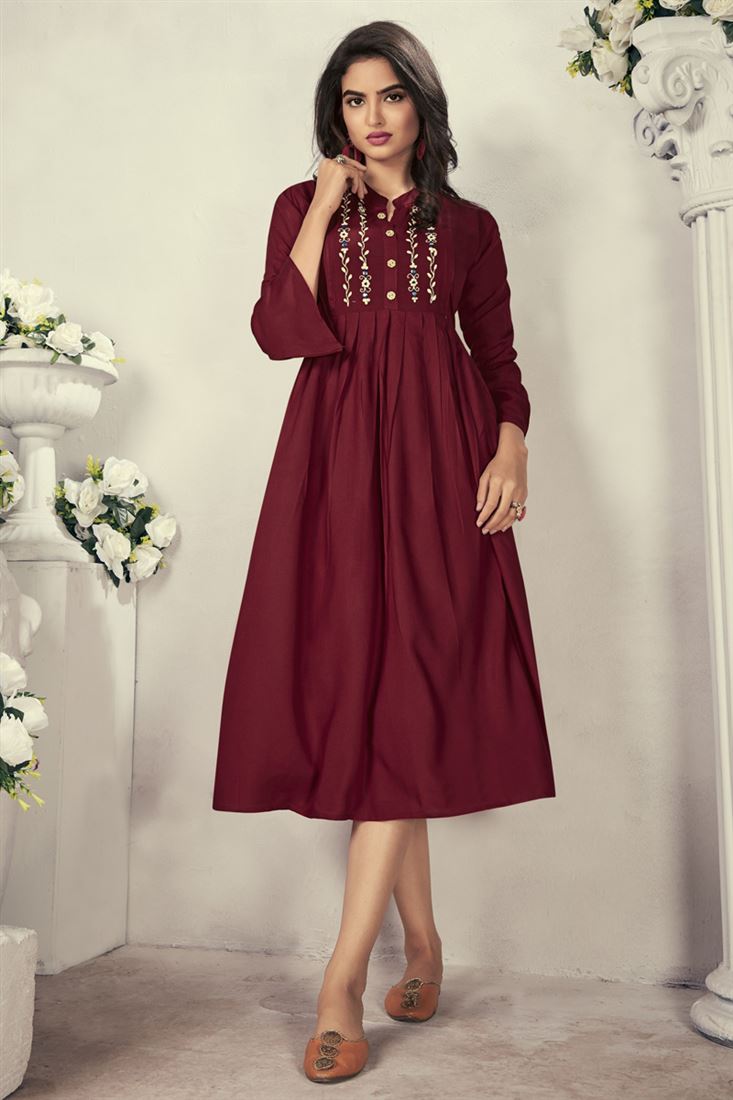 Art Silk Fabric Party Wear Kurti In Red And Maroon Color