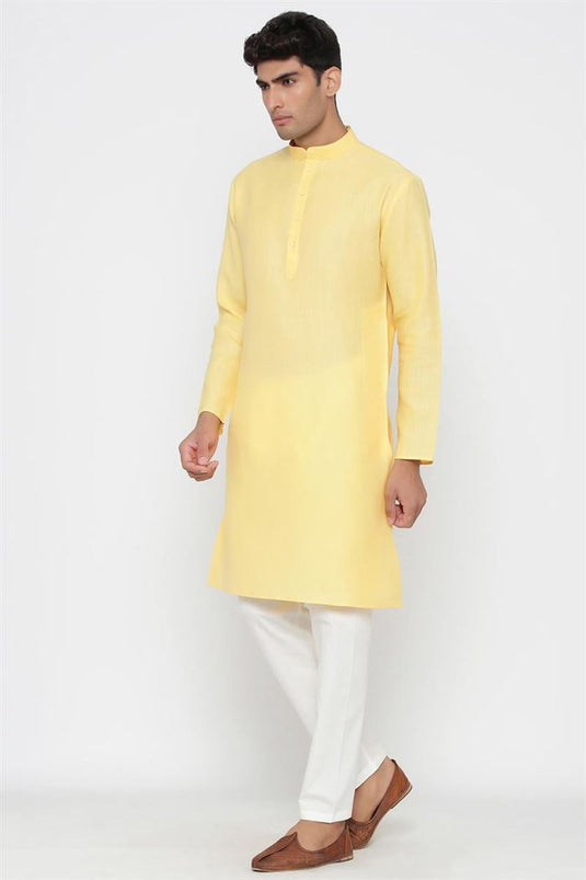 Yellow Color Cotton Fabric Function Wear Fancy Kurta Pyjama For Men