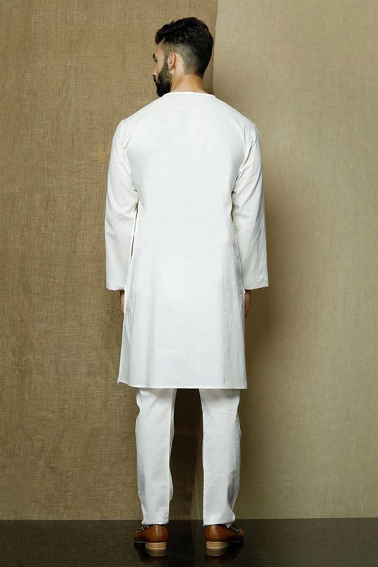 White Color Cotton Fabric Sangeet Wear Fancy Kurta Pyjama For Men