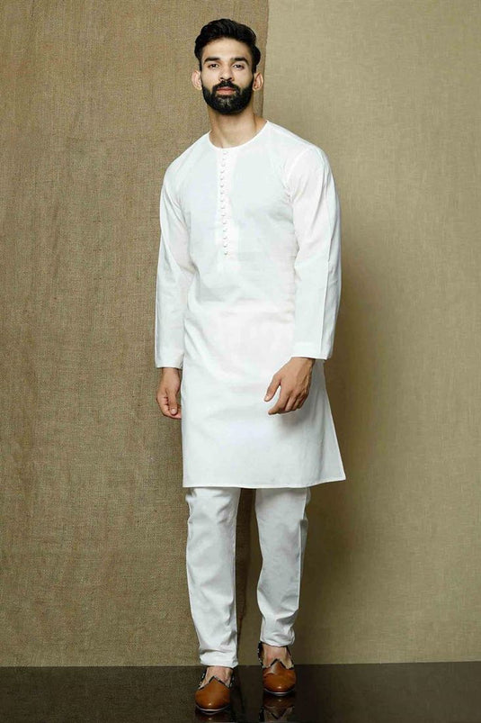 White Color Cotton Fabric Sangeet Wear Fancy Kurta Pyjama For Men