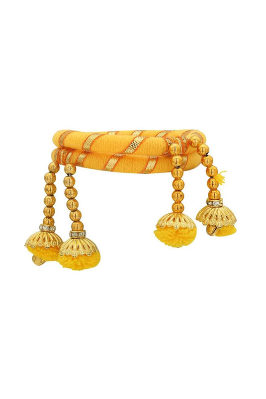 Yellow Color Silk Thread Customized Handmade Bangles With Pom Pom Latkan