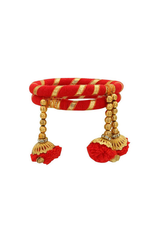 Silk Thread Red Color Customized Handmade Bangles With Pom Pom Latkan