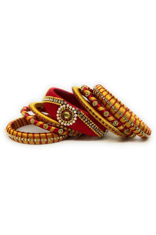 Silk Thread Customized Handmade Golden And Maroon Color Bangles Set