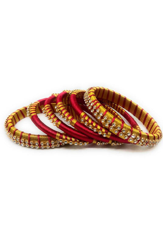 Silk Thread Customized Handmade Bangles Set In Golden And Maroon Color