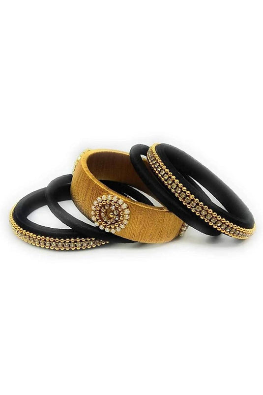 Black And Golden Color Silk Thread Customized Handmade Fancy Bangles Set