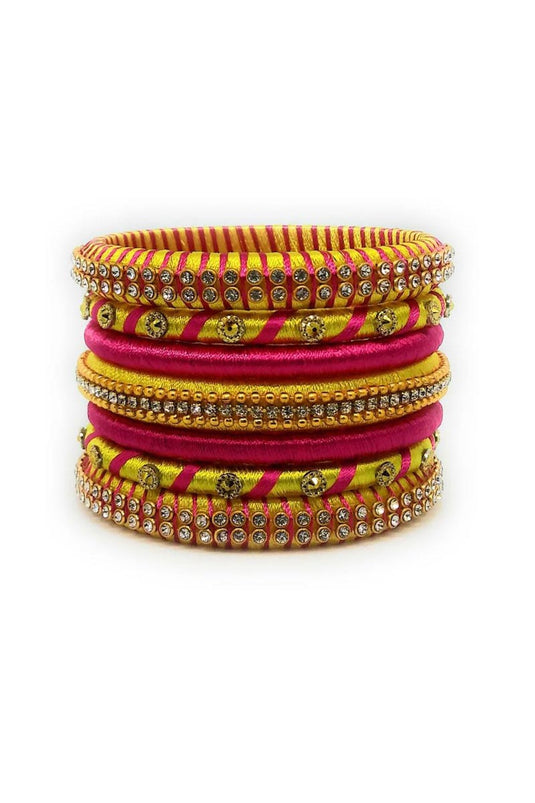Pink And Yellow Color Silk Thread Customized Handmade Fancy Bangles Set