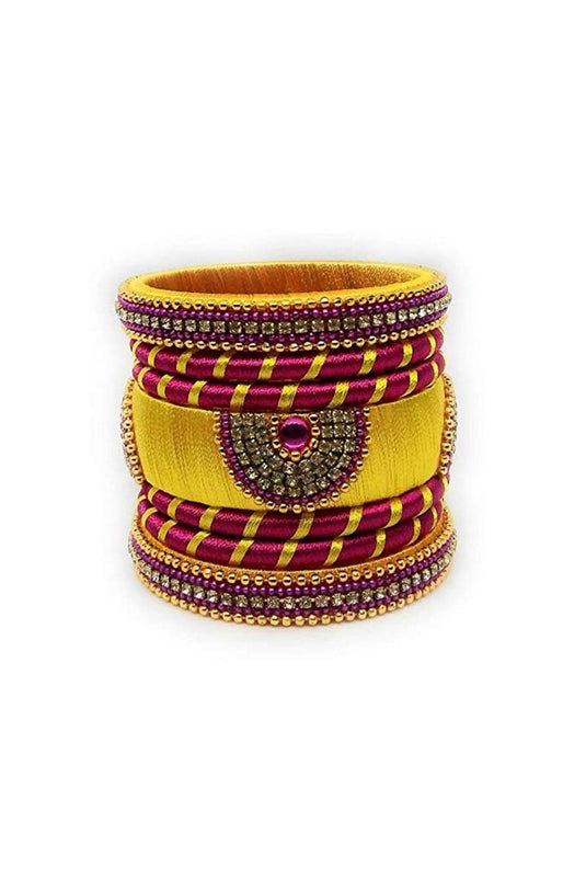Silk Thread Customized Handmade Fancy Pink And Yellow Color Bangles Set
