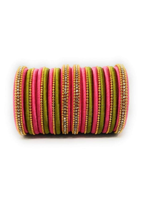 Mehendi Green And Pink Handmade Silk Thread Designer Bangles Set For Function