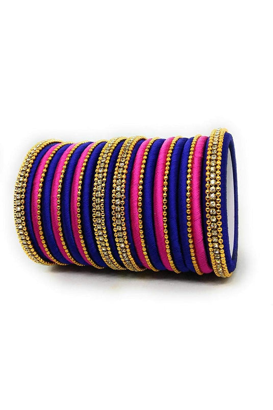 Fancy Handmade Silk Thread Blue And Rani Color Designer Bangles Set