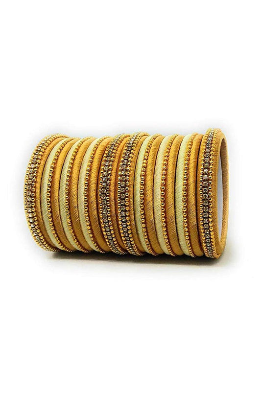 Designer Silk Thread Handmade Bangle Jewellery In Beige And Golden