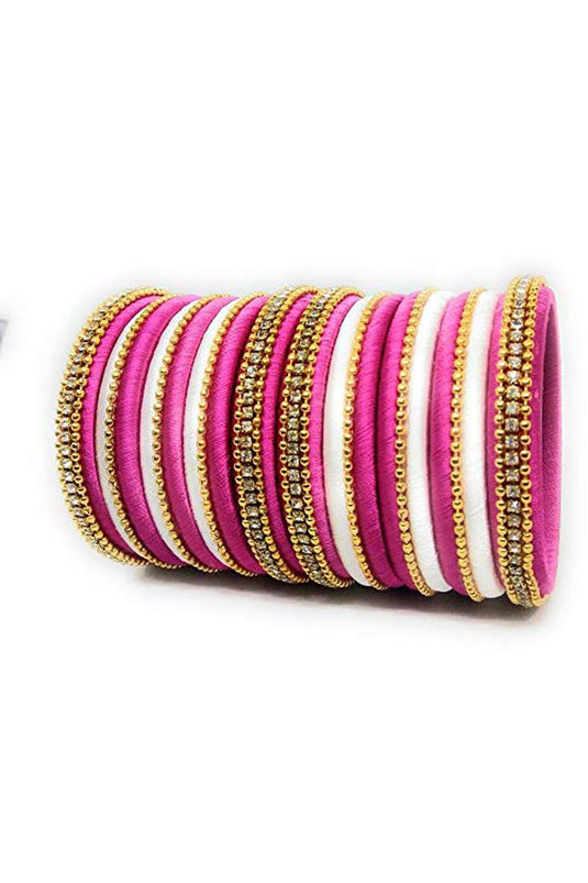 Off White And Rani Color Handmade Silk Thread Designer Bangles Set For Function