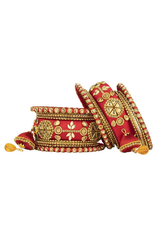 Red Handmade Silk Thread Designer Bangles With Latkan For Function