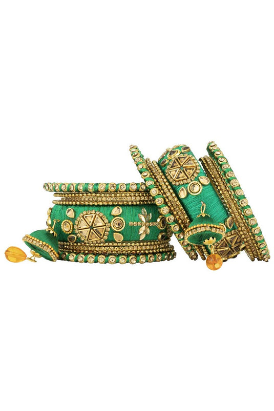 Designer Silk Thread Handmade Bangle Jewellery With Latkan In Green