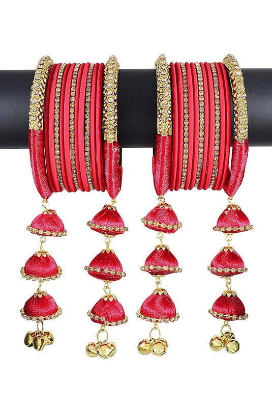 Red Color Handmade Silk Thread Designer Bangles With Latkan For Function