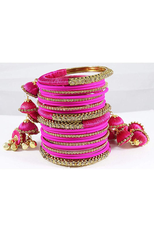 Designer Silk Thread Handmade Bangle Jewellery With Latkan In Magenta