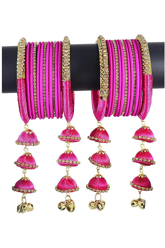 Designer Silk Thread Handmade Bangle Jewellery With Latkan In Magenta