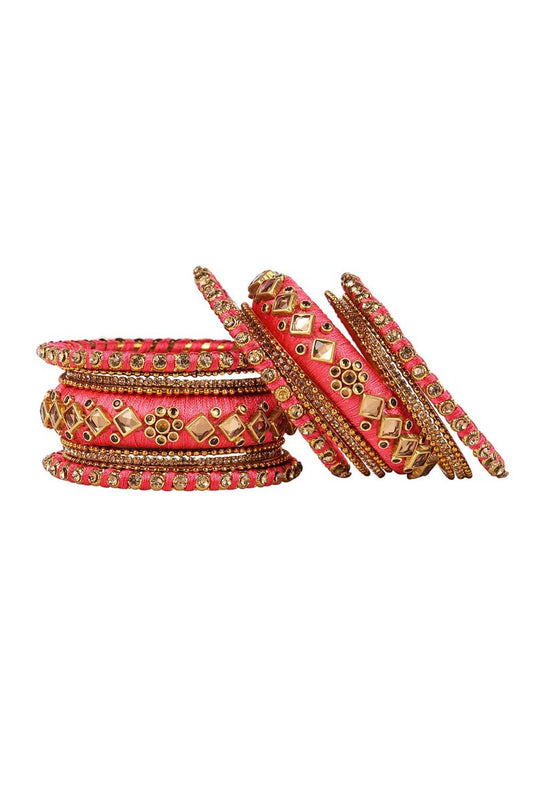 Designer Wedding Wear Silk Thread Handmade Bangles Set In Peach