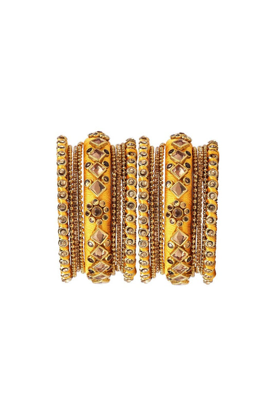 Yellow Handmade Silk Thread Designer Bangles Set For Wedding