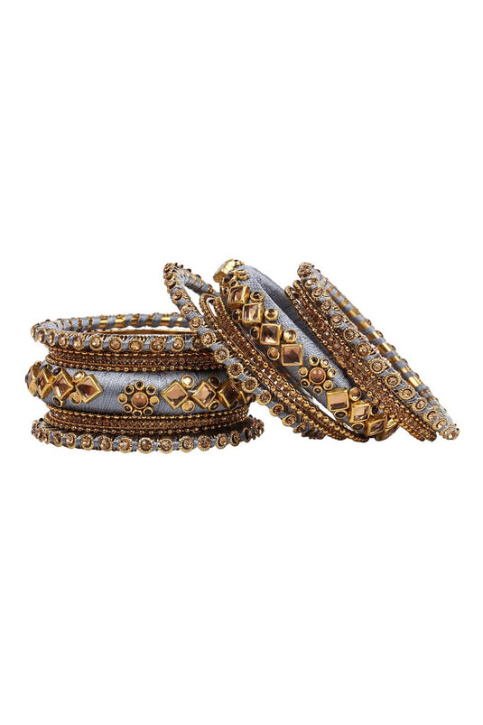 Designer Wedding Wear Silk Thread Handmade Bangles Set In Grey