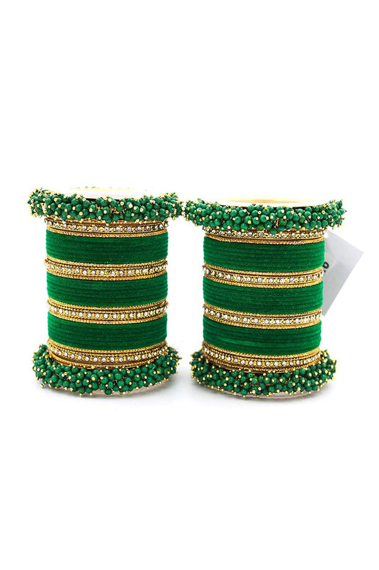 Dark Green Handmade Silk Thread And Pearl Beaded Designer Bangle Set For Function