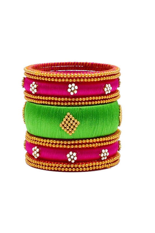 Green And Rani Color Silk Thread Customized Handmade Bangle Set