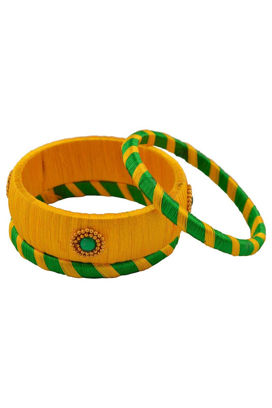 Silk Thread Handmade Customized Bangle Set In Green And Yellow