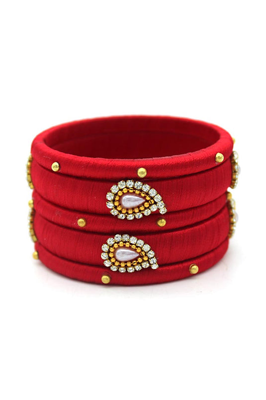 Red Color Silk Thread Handmade Customized Bangle Set