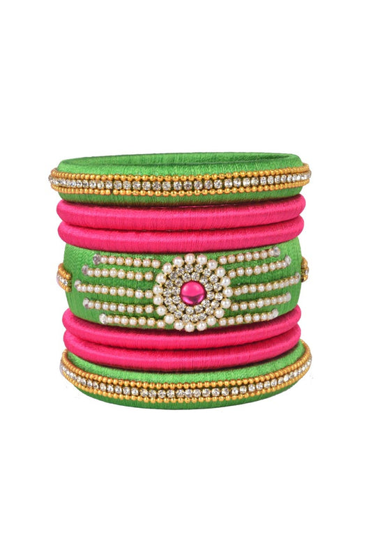 Silk Thread Handmade Customized Bangle Set In Green And Rani Color