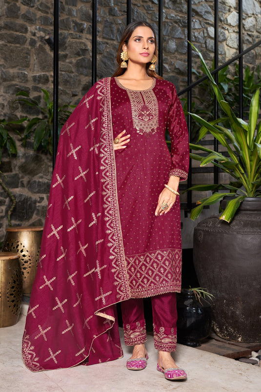 Maroon Color Fancy Fabric Embroidered Function Wear Designer Long Straight Cut Salwar Suit