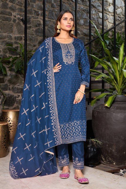 Fancy Fabric Blue Color Festive Wear Embroidered Designer Long Straight Cut Salwar Kameez